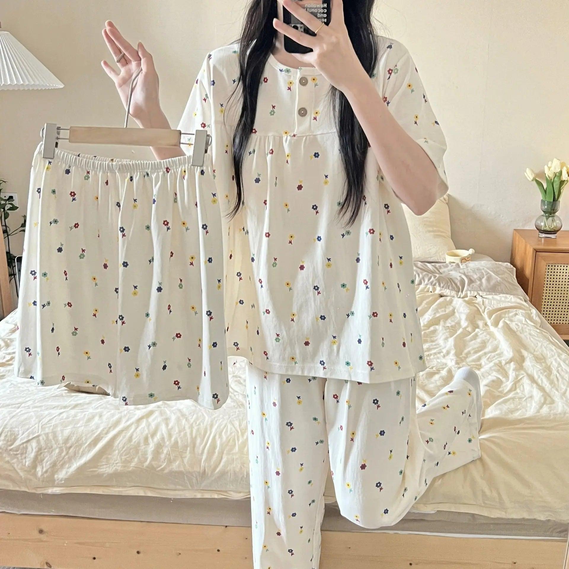 Cotton Three-piece Pajamas For Women Spring And Summer
