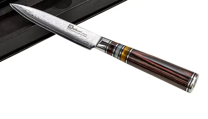Couteau utilitaire damassé lame fine manche bois ergonomique