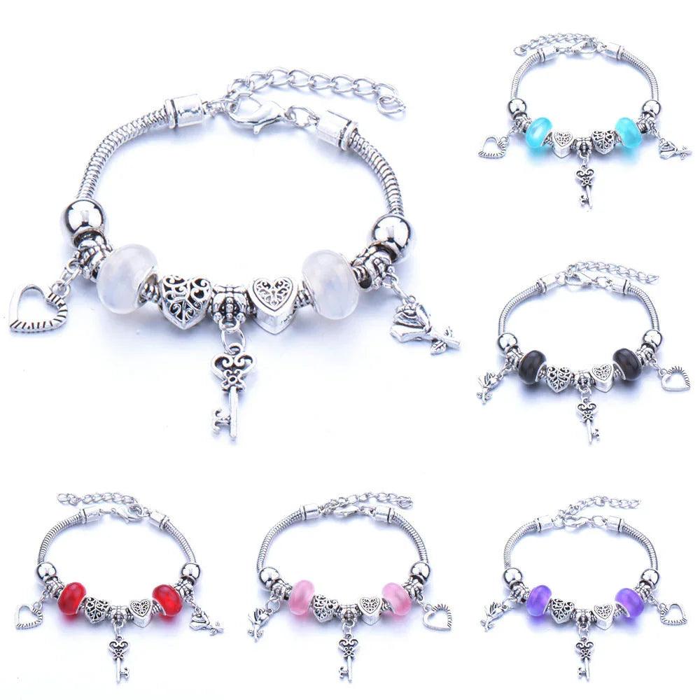 Crown, peach heart, owl, elephant pendant, multi-element large beads, retro female bracelet