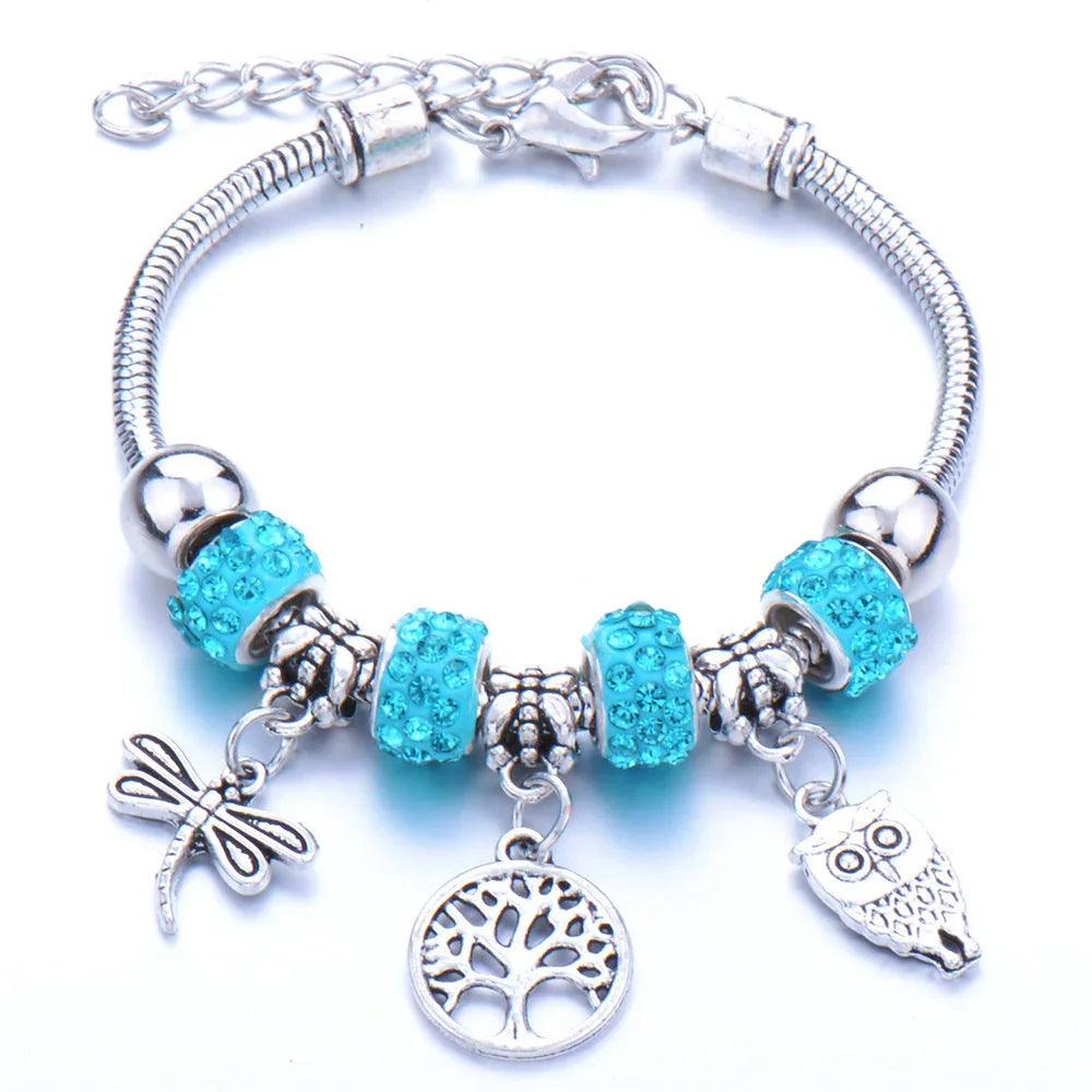 Crown, peach heart, owl, elephant pendant, multi-element large beads, retro female bracelet