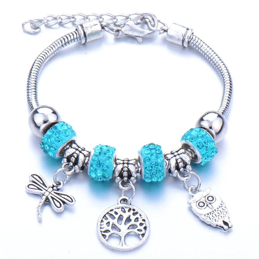 Crown, peach heart, owl, elephant pendant, multi-element large beads, retro female bracelet