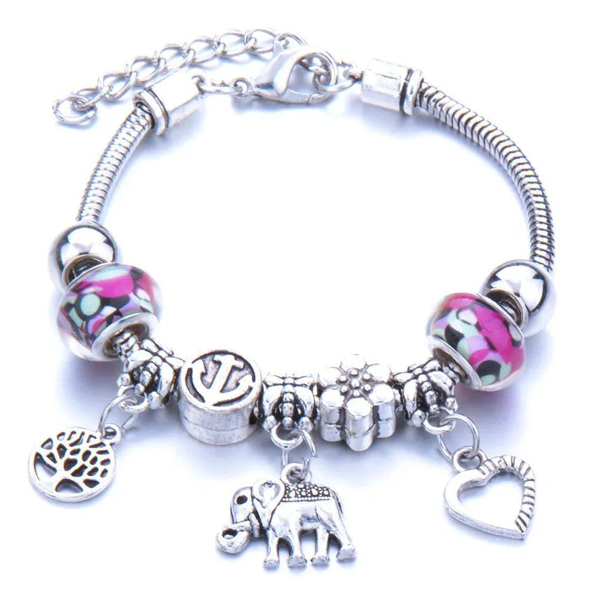Crown, peach heart, owl, elephant pendant, multi-element large beads, retro female bracelet