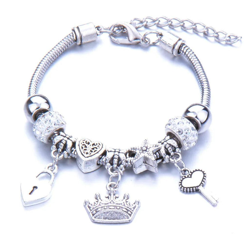 Crown, peach heart, owl, elephant pendant, multi-element large beads, retro female bracelet