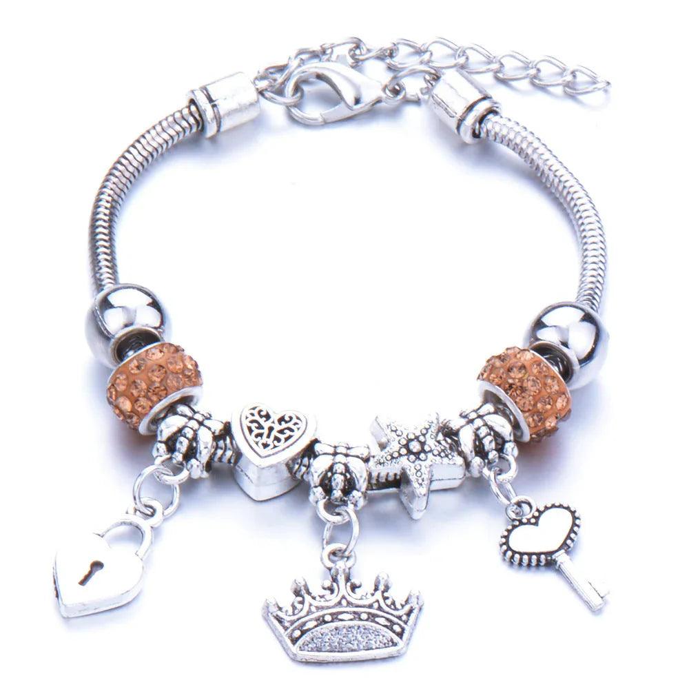 Crown, peach heart, owl, elephant pendant, multi-element large beads, retro female bracelet