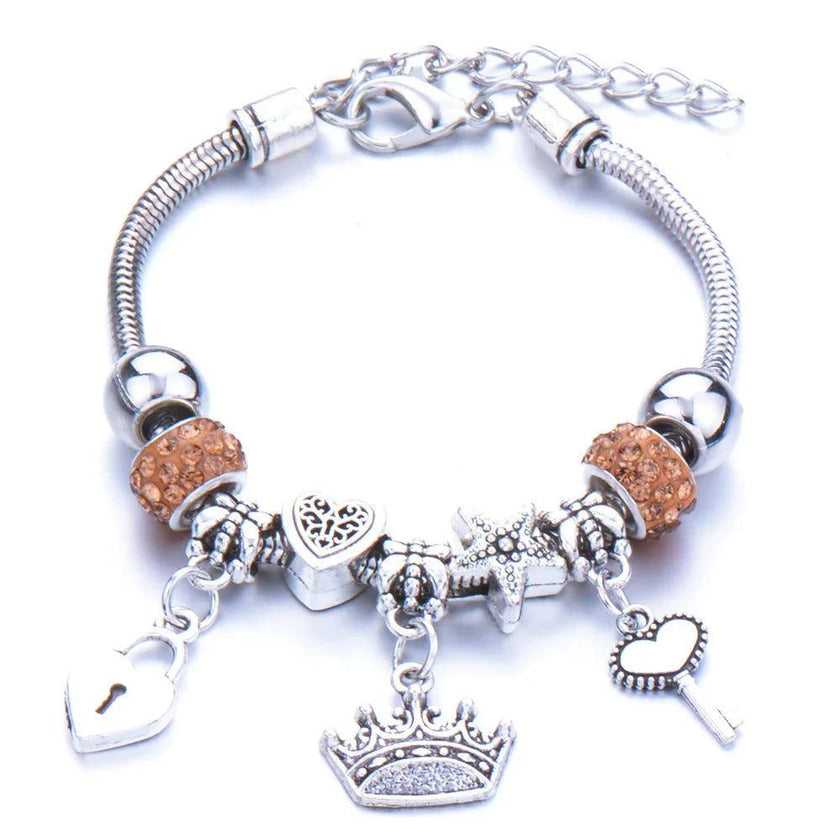 Crown, peach heart, owl, elephant pendant, multi-element large beads, retro female bracelet