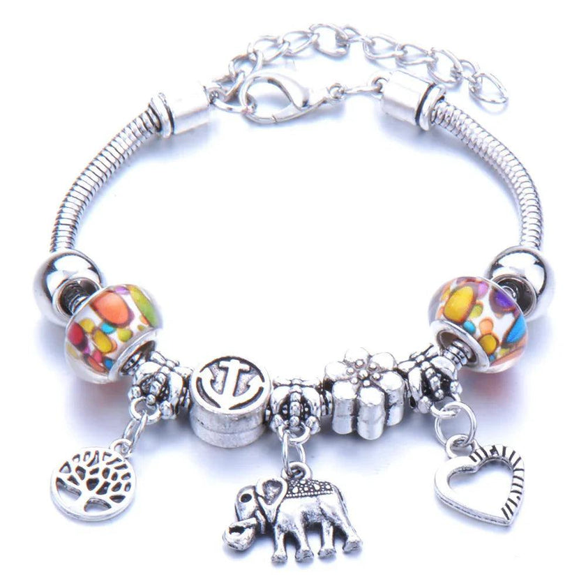 Crown, peach heart, owl, elephant pendant, multi-element large beads, retro female bracelet