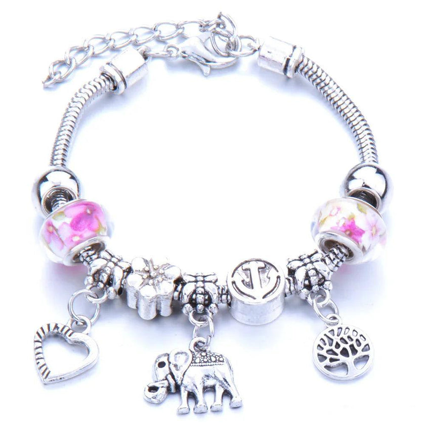 Crown, peach heart, owl, elephant pendant, multi-element large beads, retro female bracelet