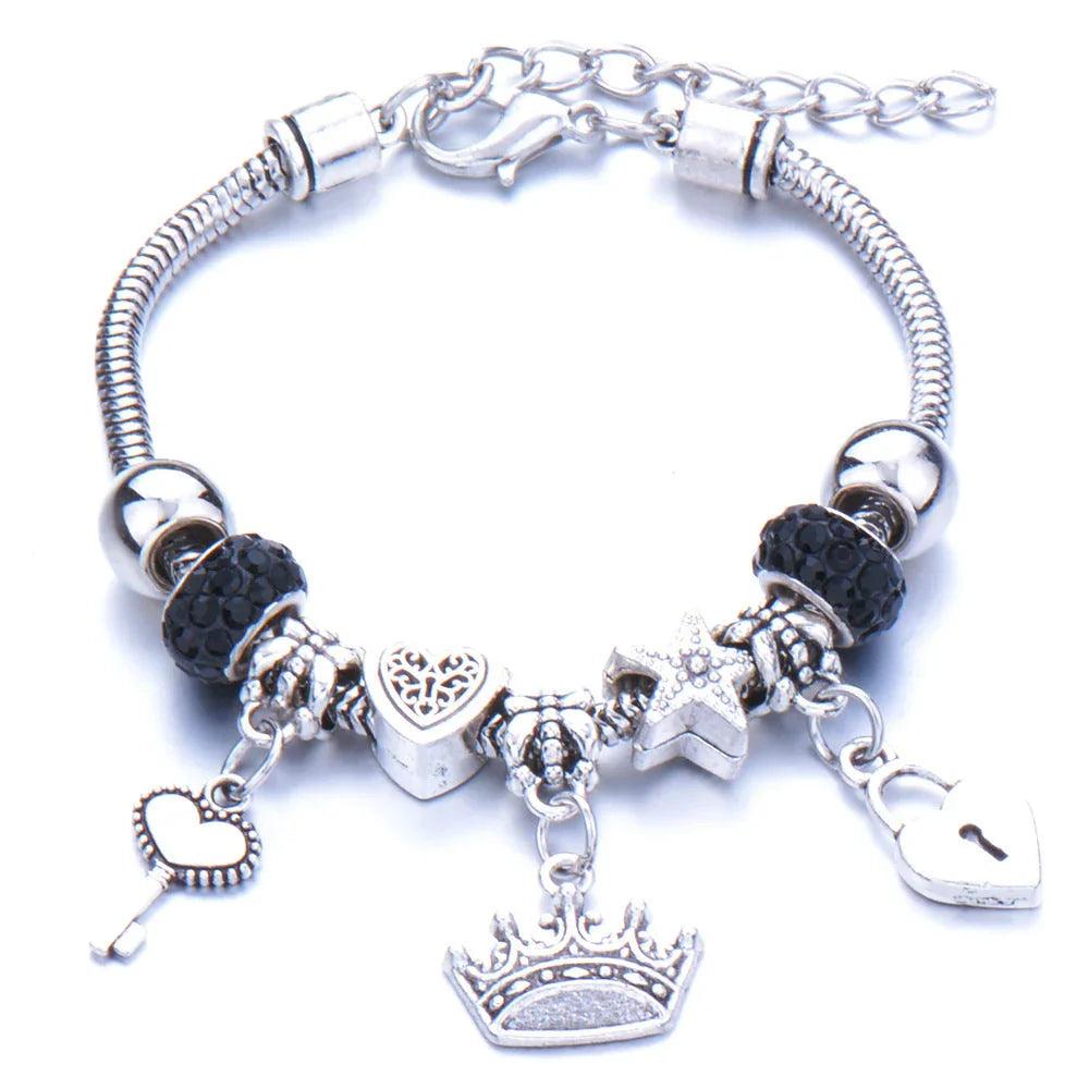 Crown, peach heart, owl, elephant pendant, multi-element large beads, retro female bracelet