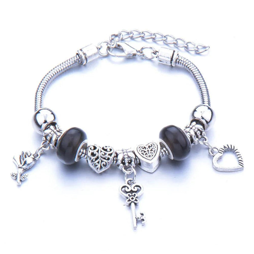 Crown, peach heart, owl, elephant pendant, multi-element large beads, retro female bracelet