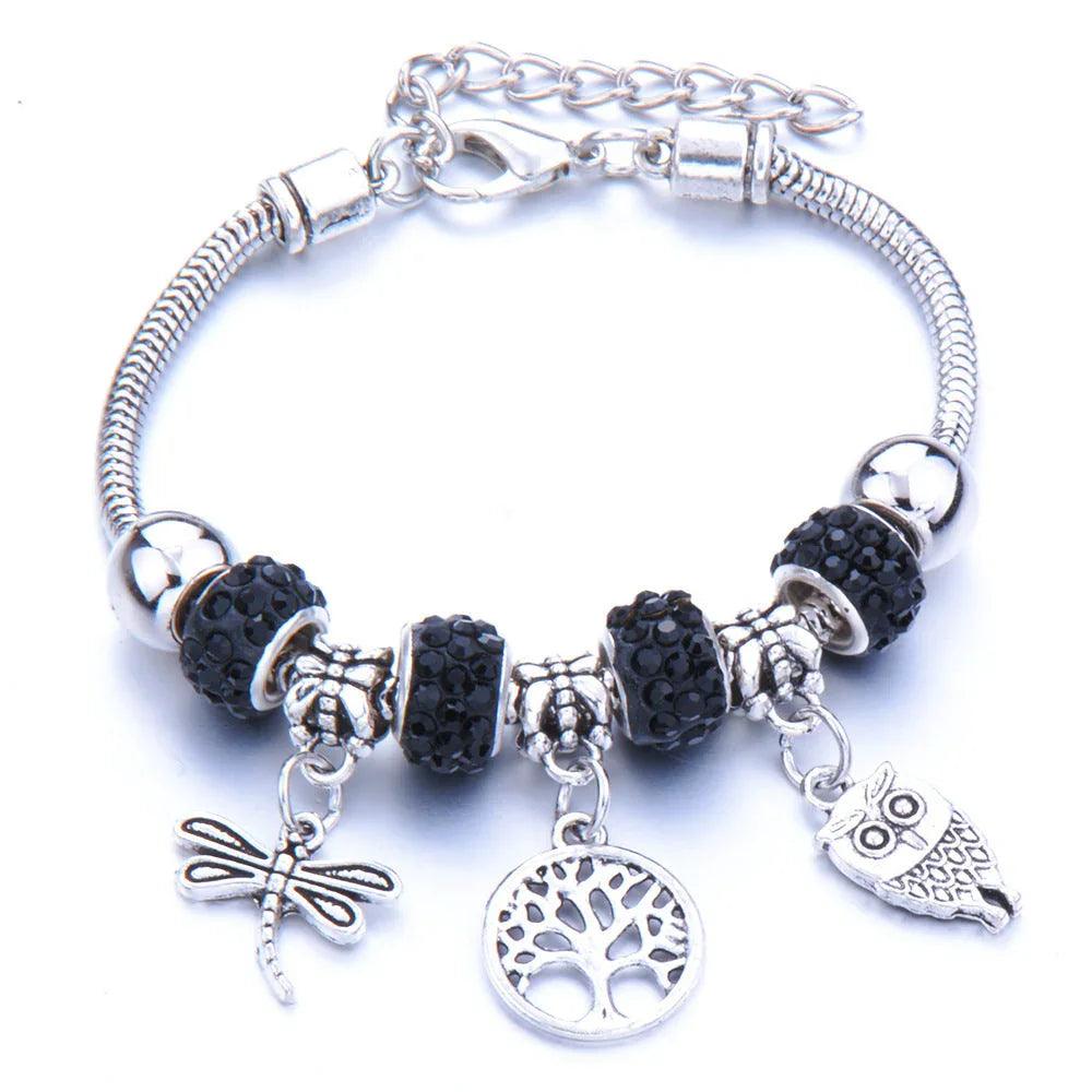 Crown, peach heart, owl, elephant pendant, multi-element large beads, retro female bracelet