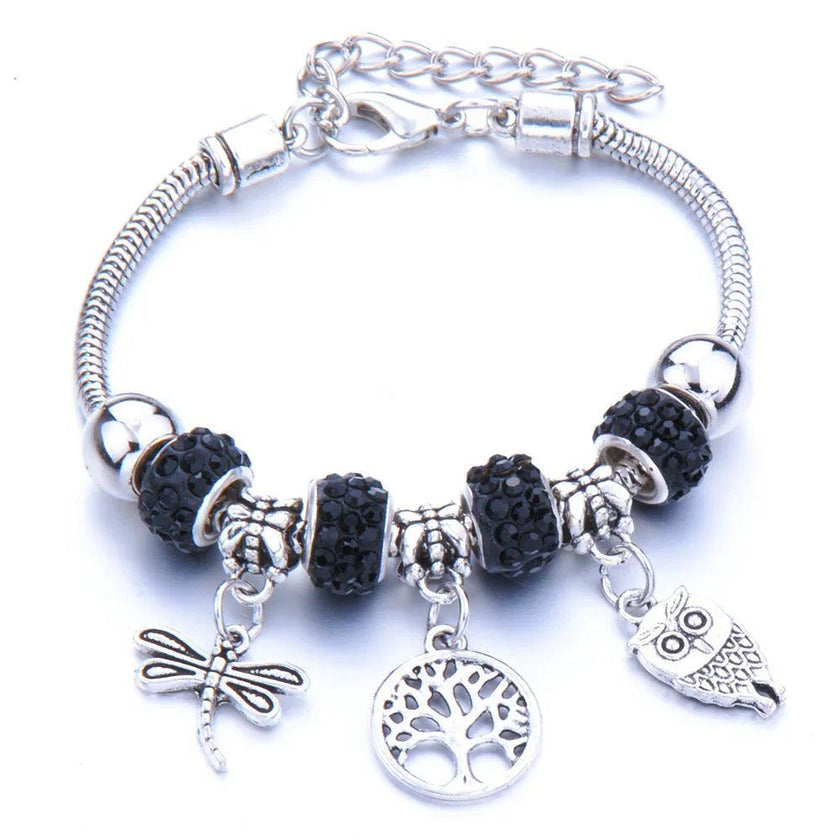 Crown, peach heart, owl, elephant pendant, multi-element large beads, retro female bracelet