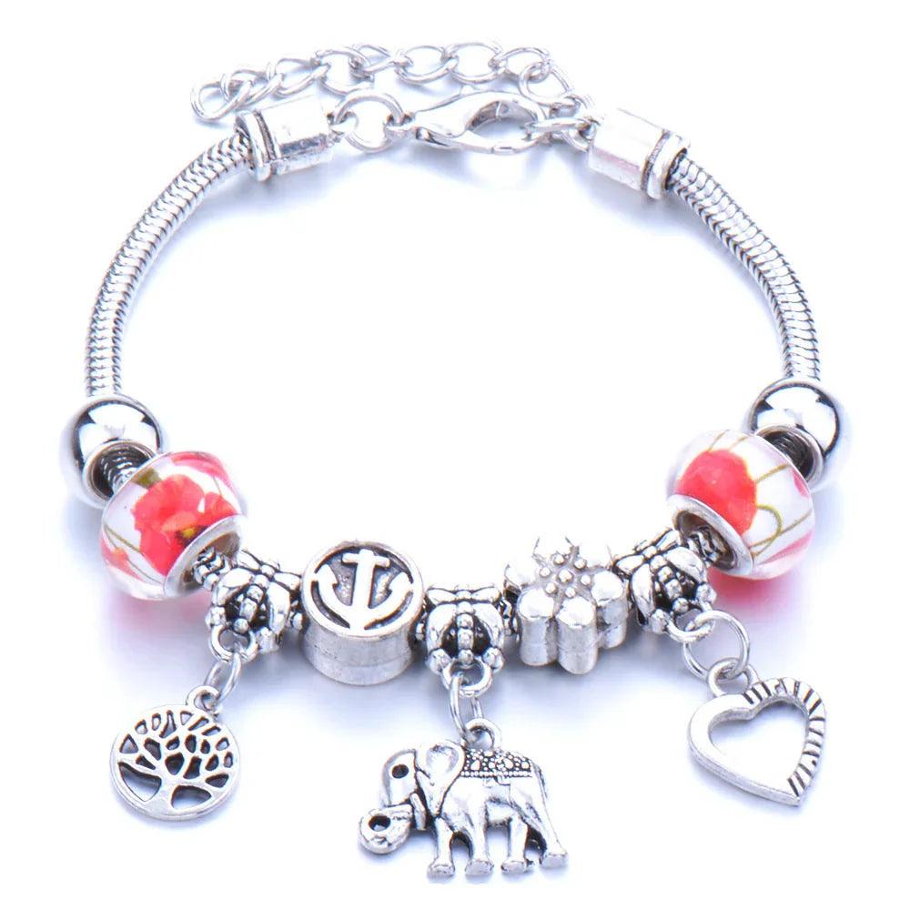 Crown, peach heart, owl, elephant pendant, multi-element large beads, retro female bracelet