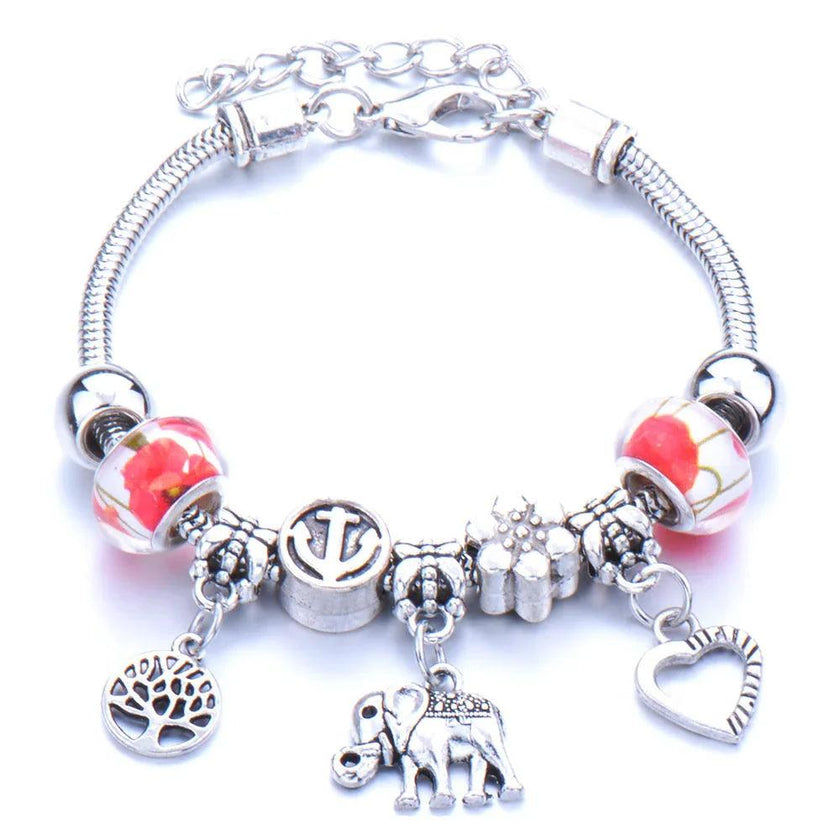 Crown, peach heart, owl, elephant pendant, multi-element large beads, retro female bracelet