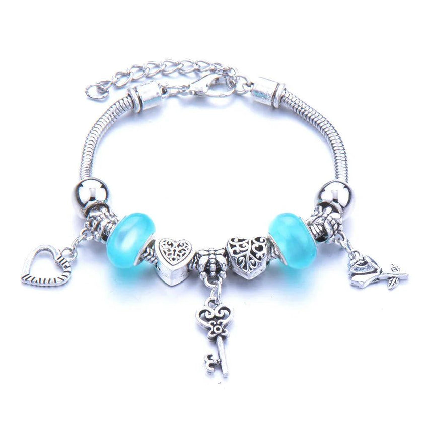 Crown, peach heart, owl, elephant pendant, multi-element large beads, retro female bracelet