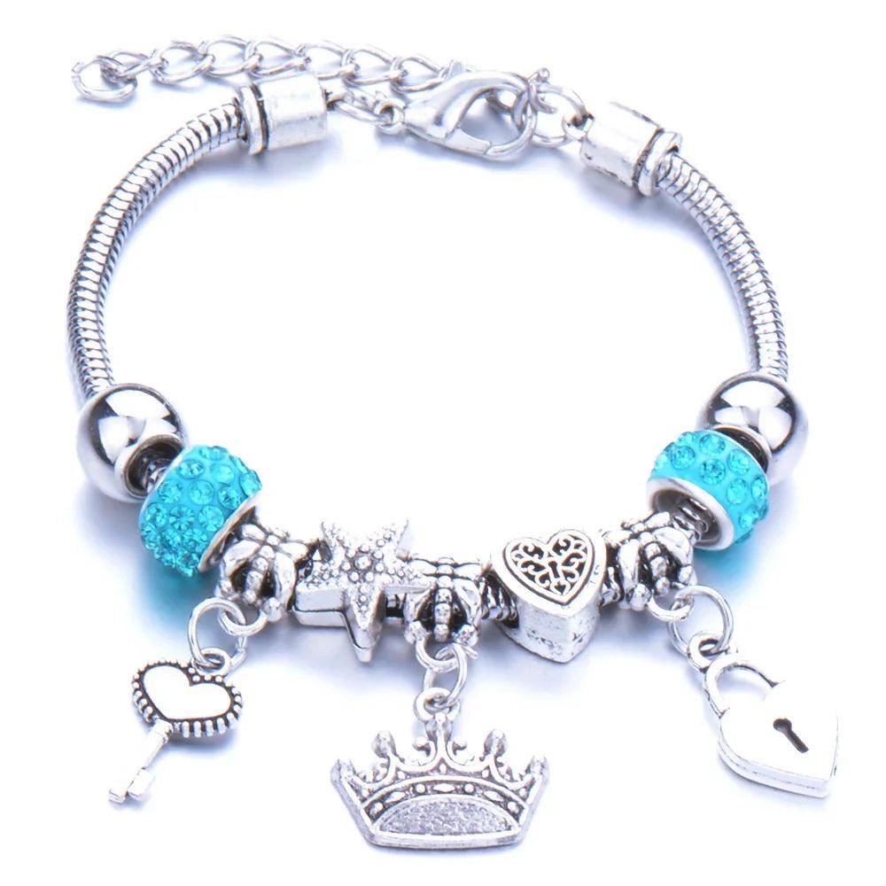 Crown, peach heart, owl, elephant pendant, multi-element large beads, retro female bracelet
