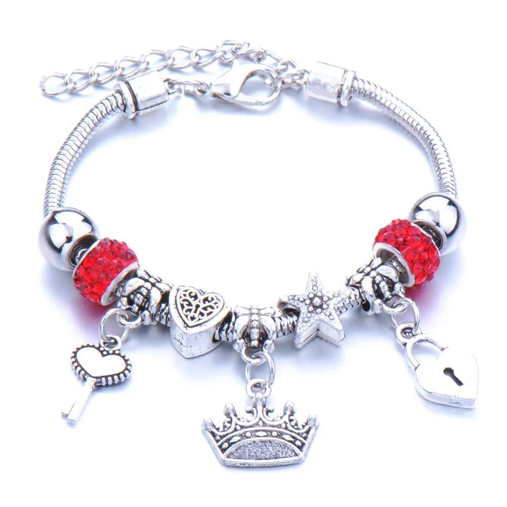 Crown, peach heart, owl, elephant pendant, multi-element large beads, retro female bracelet