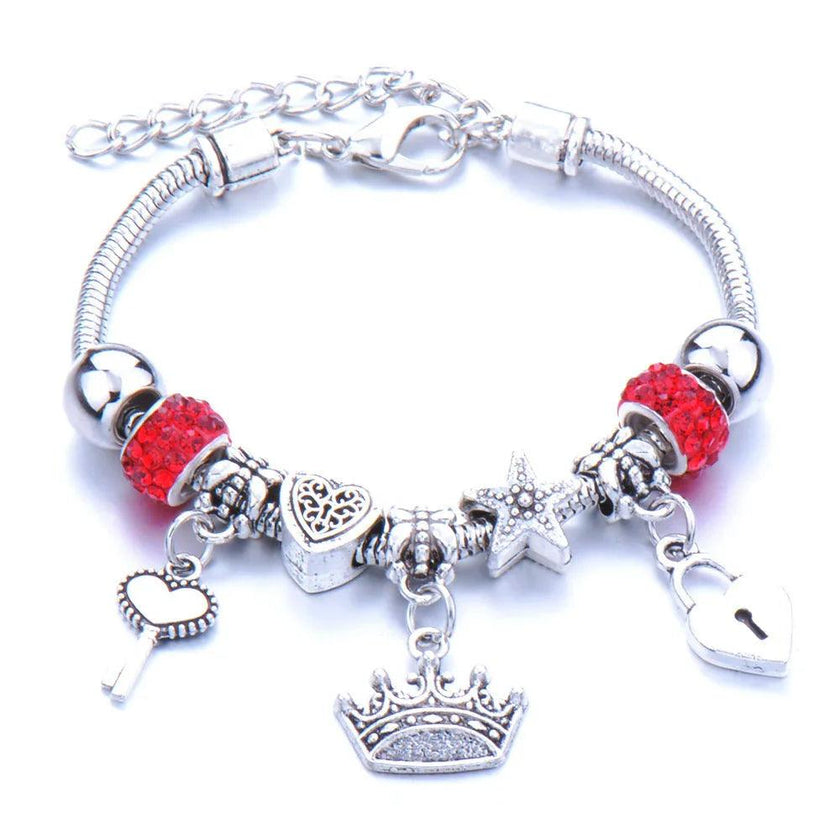 Crown, peach heart, owl, elephant pendant, multi-element large beads, retro female bracelet