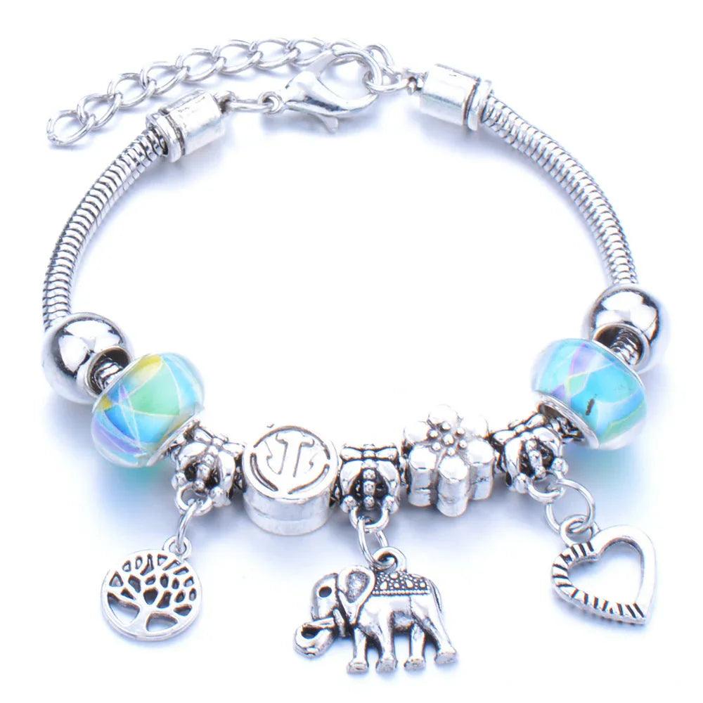 Crown, peach heart, owl, elephant pendant, multi-element large beads, retro female bracelet