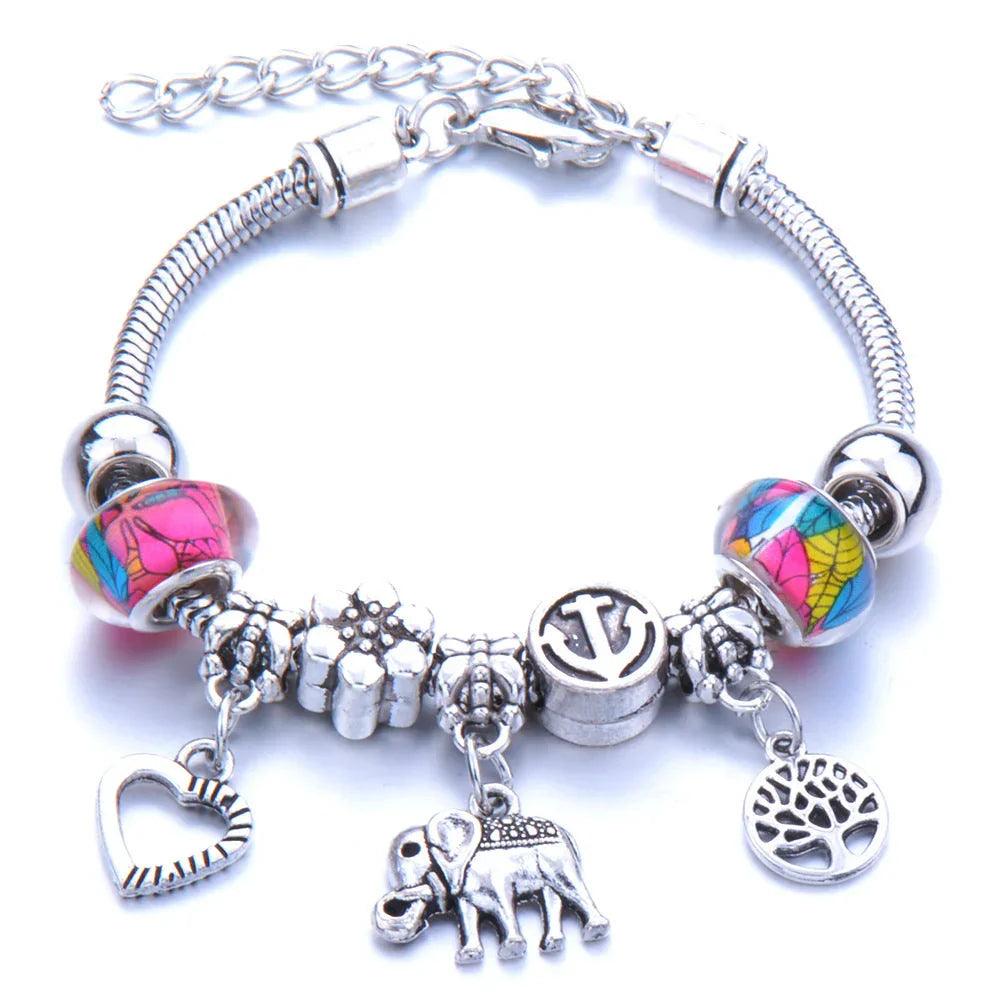Crown, peach heart, owl, elephant pendant, multi-element large beads, retro female bracelet