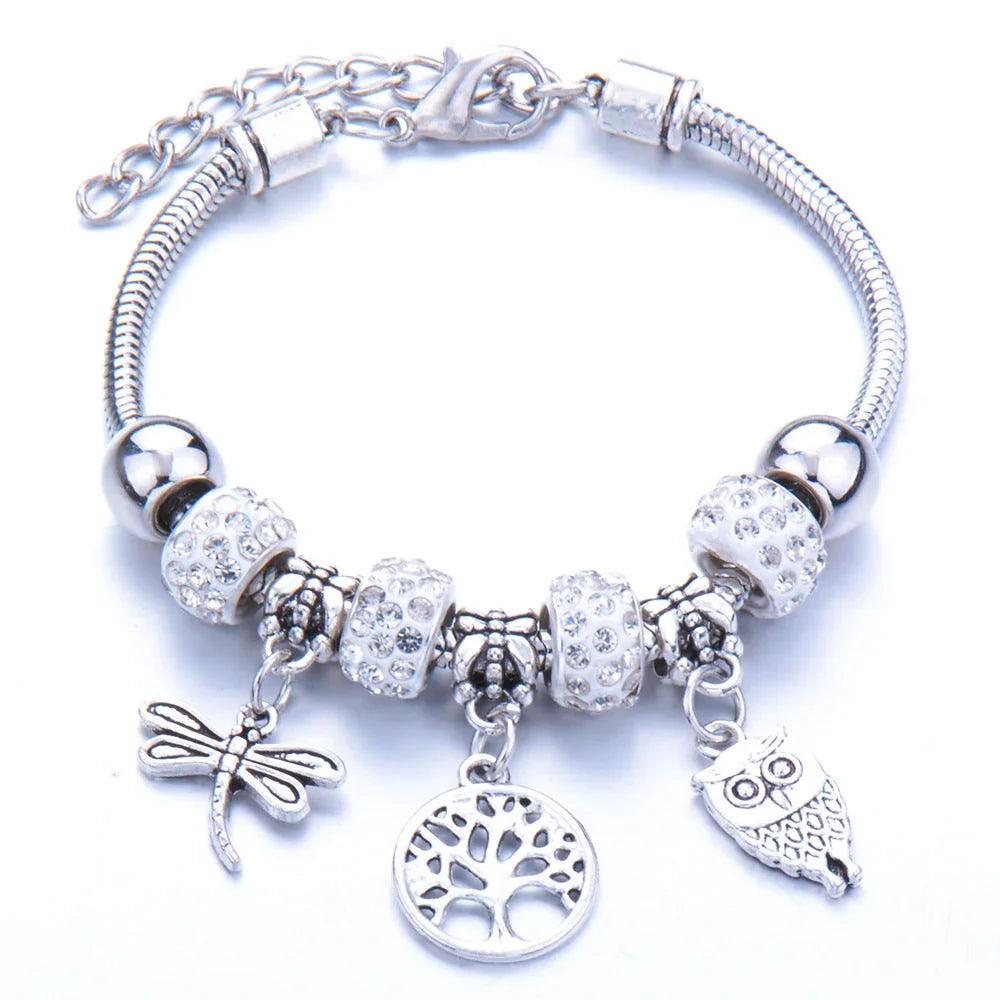 Crown, peach heart, owl, elephant pendant, multi-element large beads, retro female bracelet
