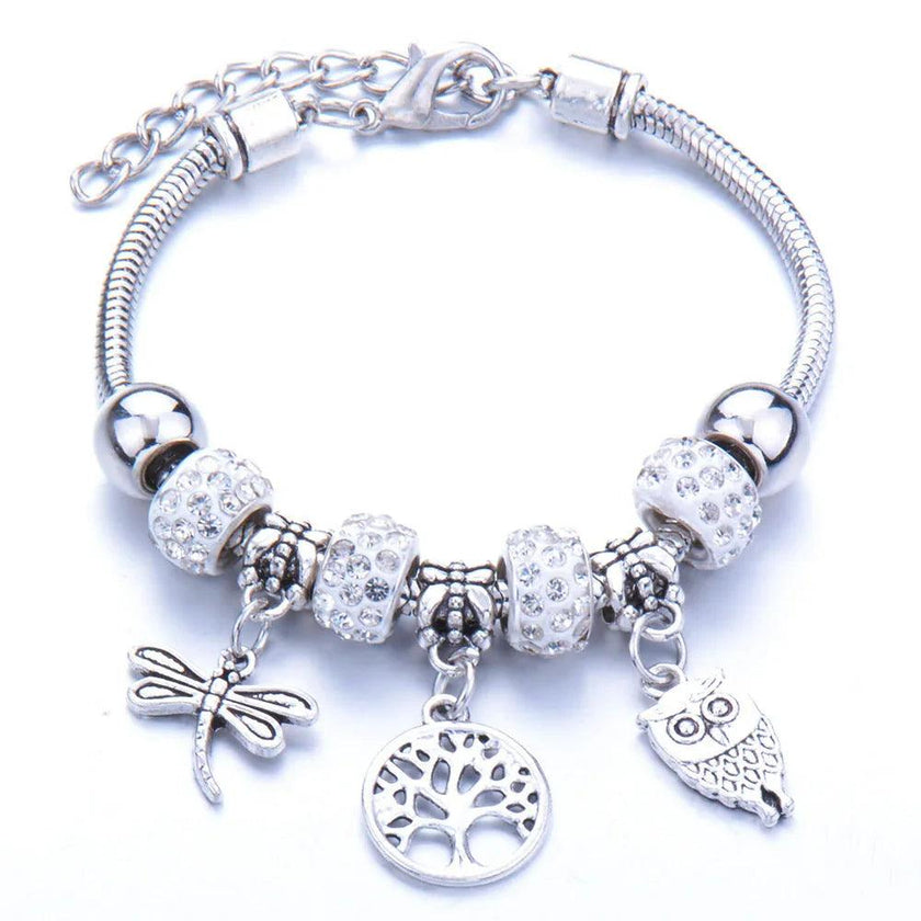 Crown, peach heart, owl, elephant pendant, multi-element large beads, retro female bracelet