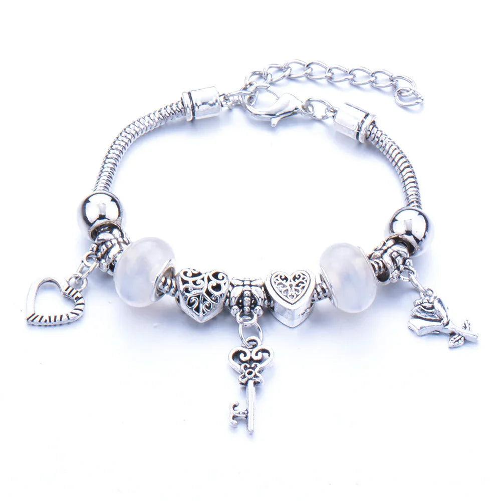 Crown, peach heart, owl, elephant pendant, multi-element large beads, retro female bracelet