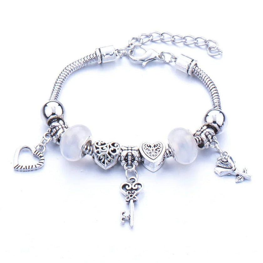 Crown, peach heart, owl, elephant pendant, multi-element large beads, retro female bracelet