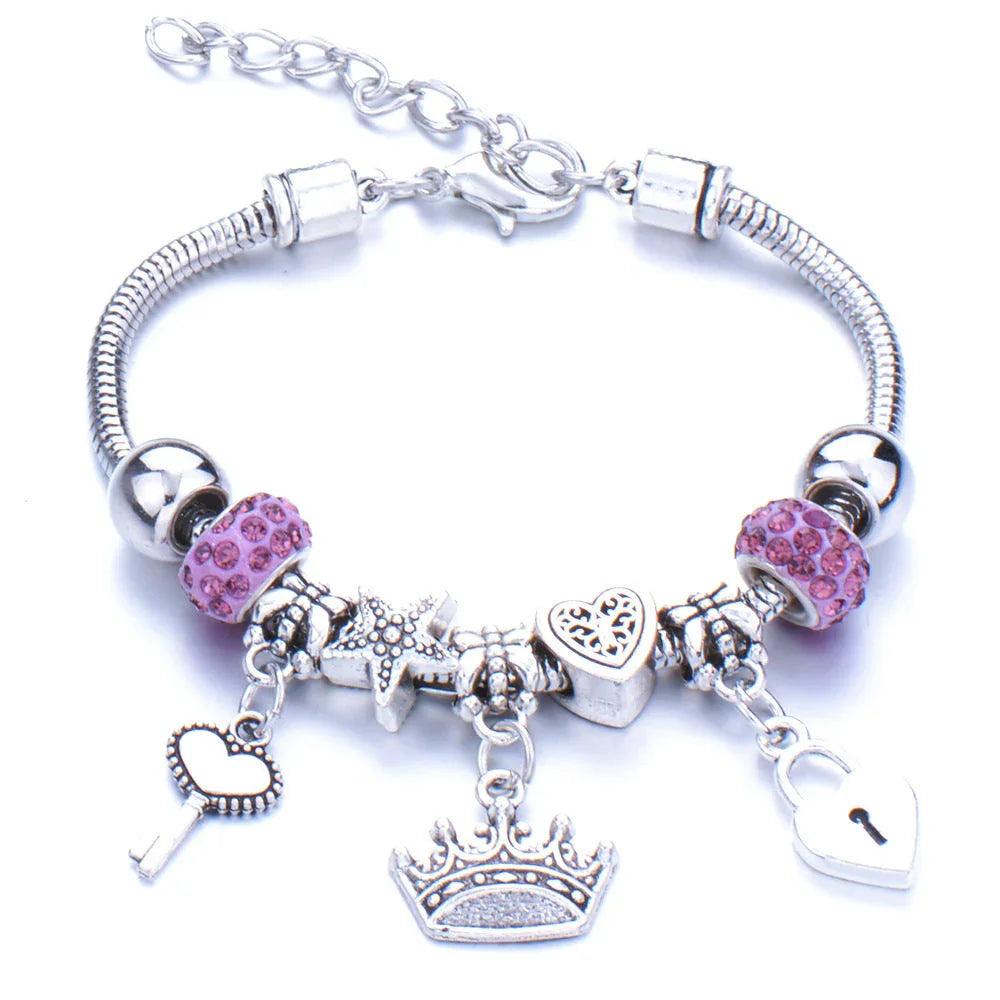 Crown, peach heart, owl, elephant pendant, multi-element large beads, retro female bracelet