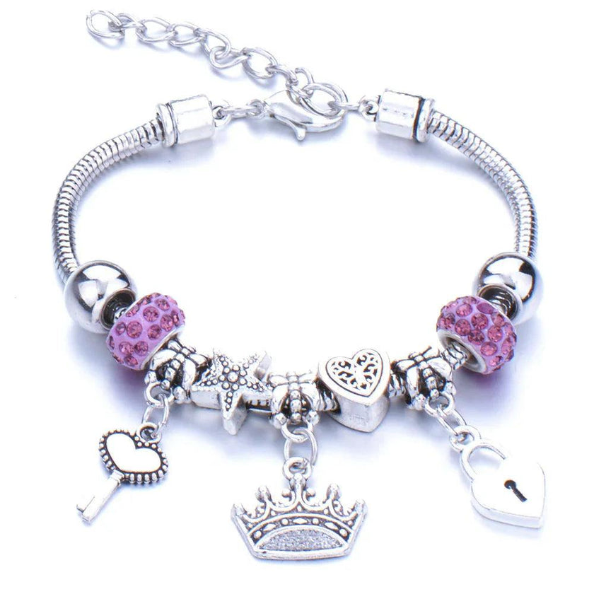 Crown, peach heart, owl, elephant pendant, multi-element large beads, retro female bracelet