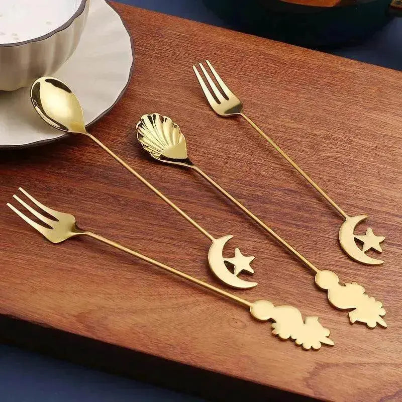 Cute Star and Moon 304 Stainless Steel Spoon and Fork Set for Coffee