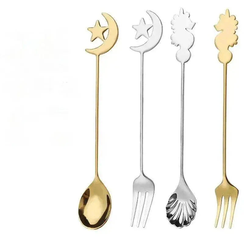 Cute Star and Moon 304 Stainless Steel Spoon and Fork Set for Coffee