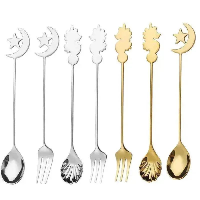 Cute Star and Moon 304 Stainless Steel Spoon and Fork Set for Coffee