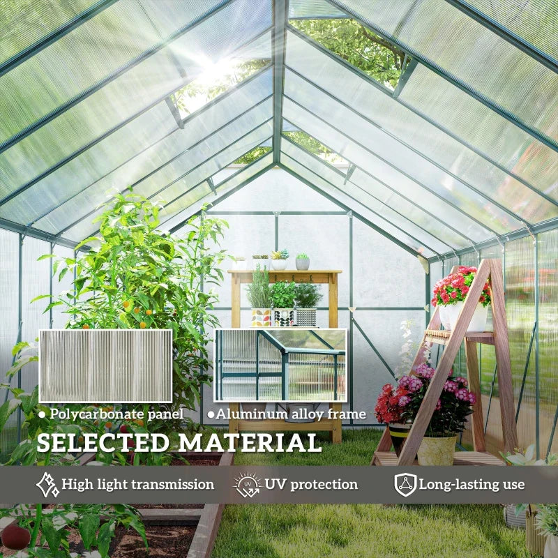 Aluminum Greenhouse Polycarbonate Walk-in Garden Greenhouse with Sliding Door, 20' x 8', Green