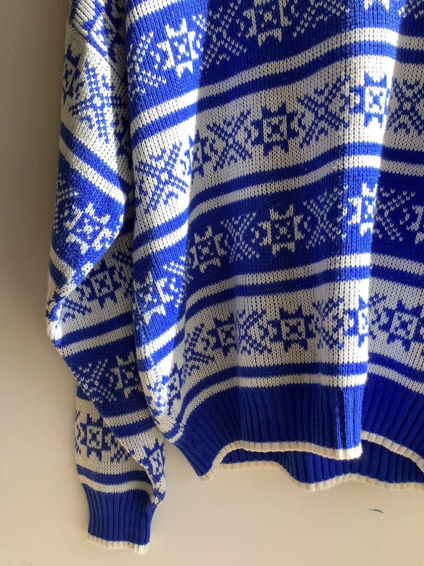 Vintage 80s Blue & White Fair Isle Knit Sweater