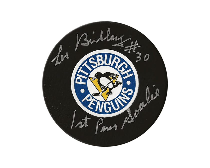 Les Binkley Autographed Pittsburgh Penguins Autograph Retro Model Puck Inscribed 