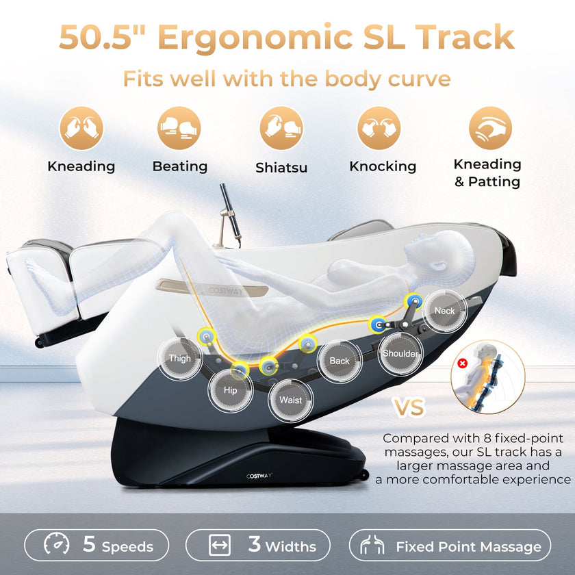 Mega Sale-Costway-Premium 3 Level Zero Gravity Full SL Track, Massage Chair With Heat- Dual Foot Rollers-Intelligent Body Scan With Shiatsu Rollers-JL10029WL