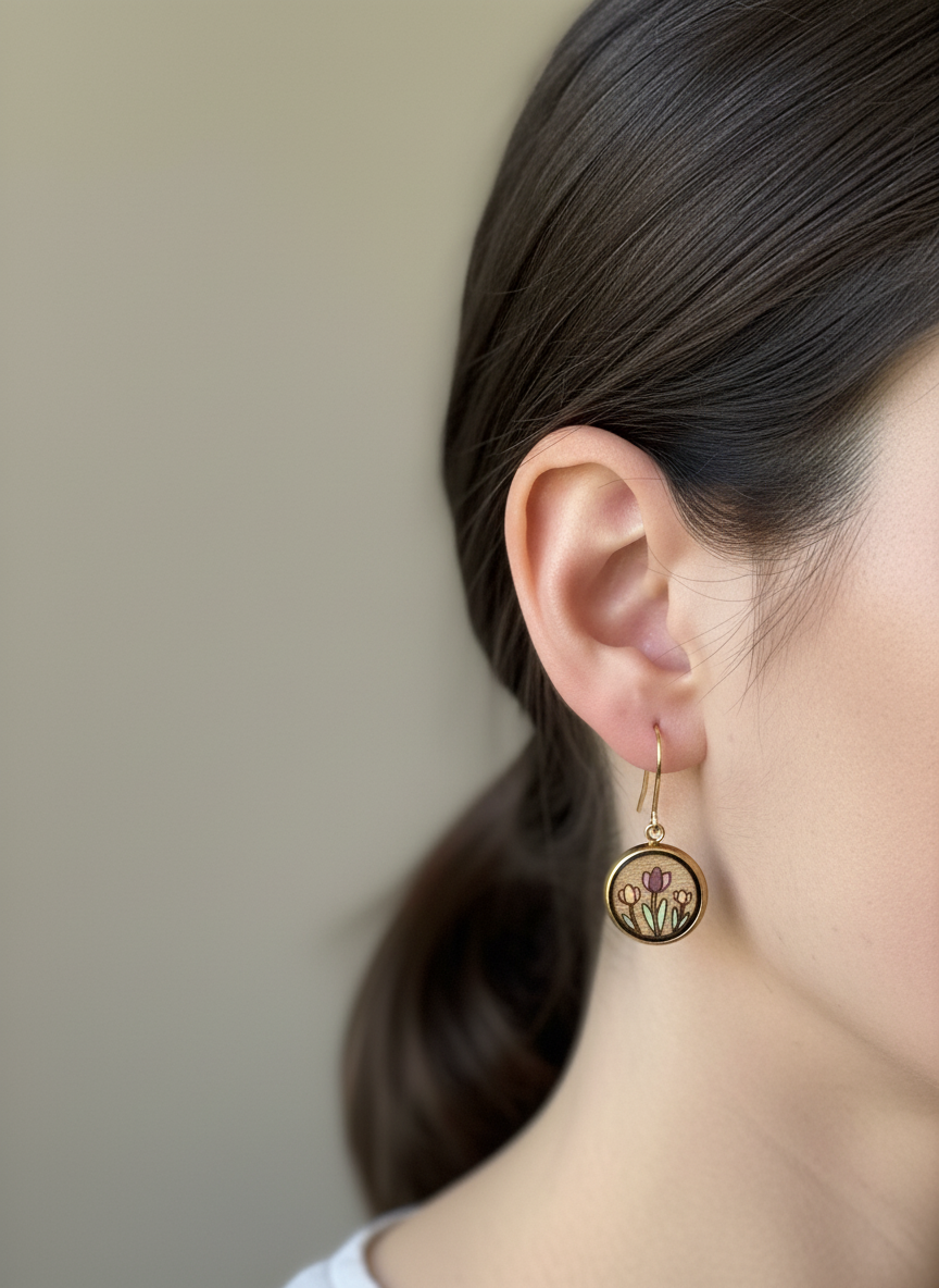 Purple Tulips Wooden Dangle Earrings - Sick Chick (Revelstoke, BC)