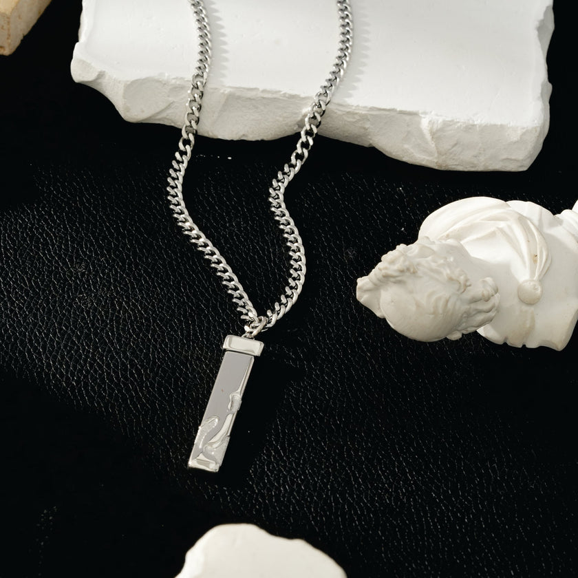 DAKARIA SILVER (White Gold): Chipped Effect Geometric Pendant on a Link Chain For Men & Women