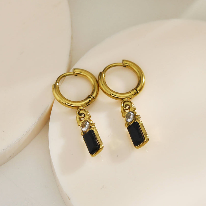 Boucles d'oreilles créoles DALAL, style vintage, avec cristaux noirs et zirconiums.