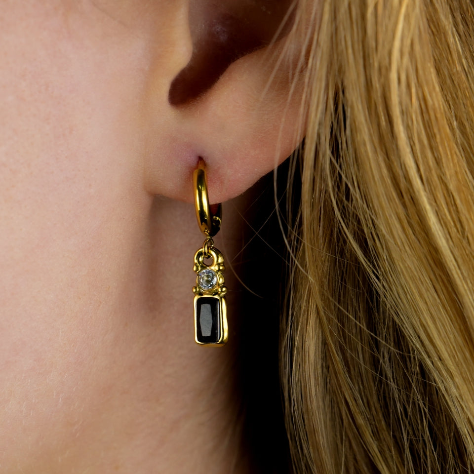 Boucles d'oreilles créoles DALAL, style vintage, avec cristaux noirs et zirconiums.