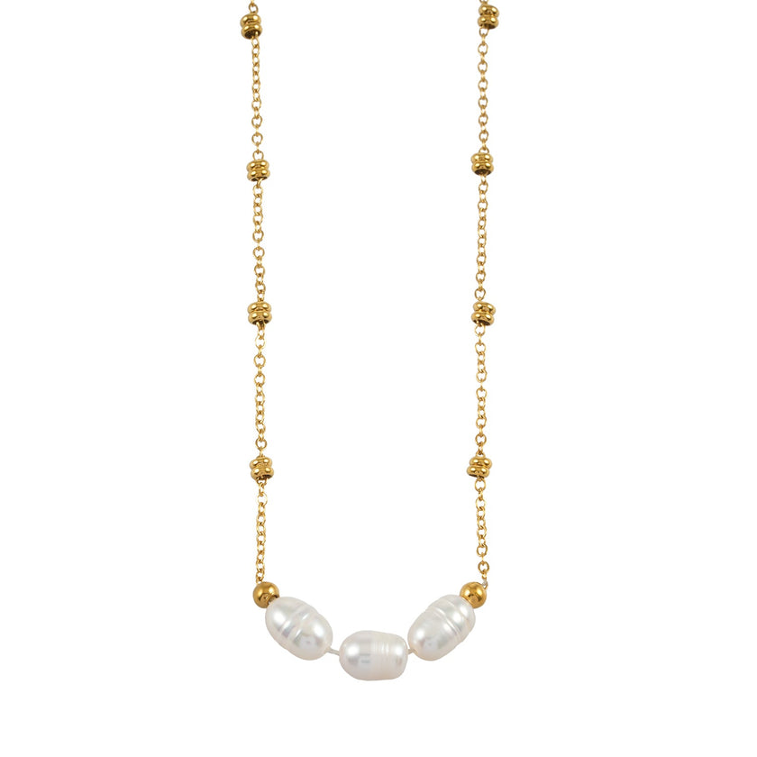 DAMINNA Gold: Dainty Beaded Chain Necklace with Freshwater Pearl Trio