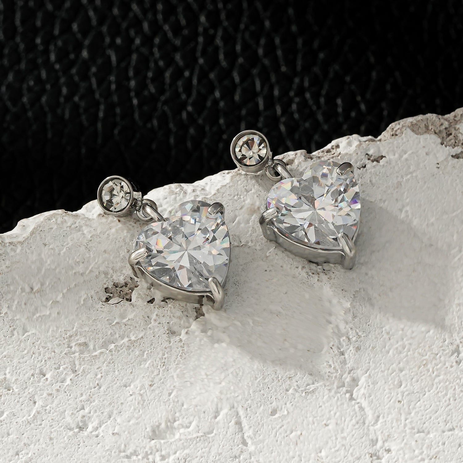DAROCCA Silver (White Gold): Large Heart Shaped & Mini Solitaire Round Shaped Zirconia Combo Studs