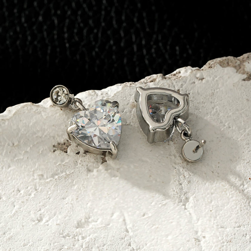 DAROCCA Silver (White Gold): Large Heart Shaped & Mini Solitaire Round Shaped Zirconia Combo Studs
