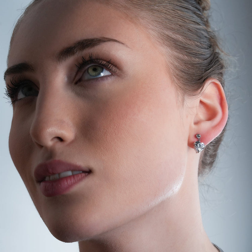 DAROCCA Silver (White Gold): Large Heart Shaped & Mini Solitaire Round Shaped Zirconia Combo Studs