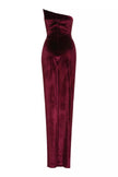 Velvet Strapless Wrap Maxi Dress with slit - Burgundy