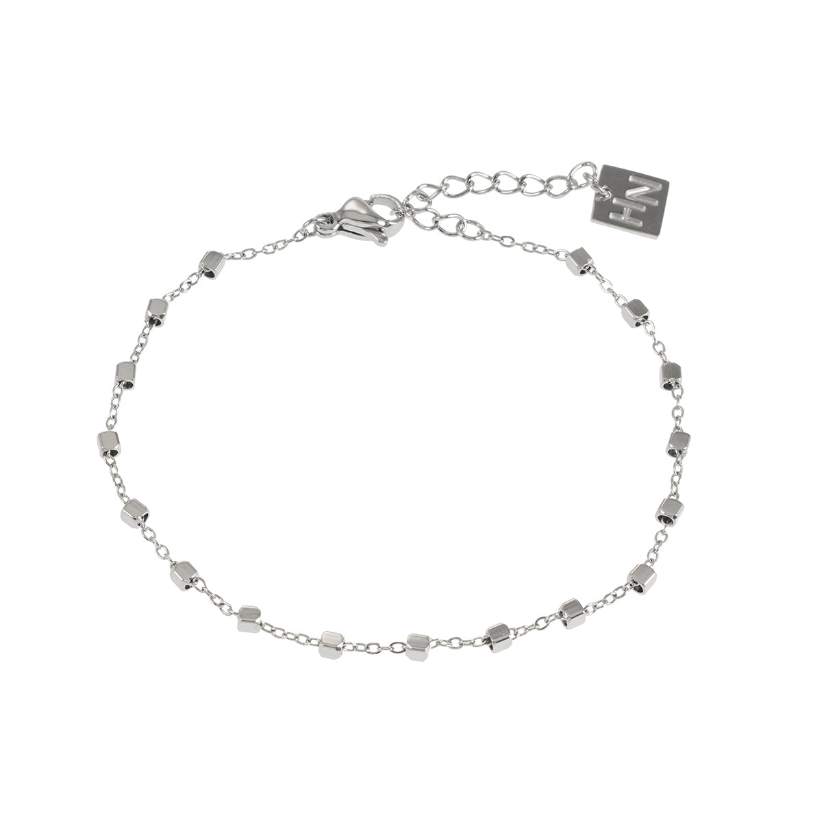DEMELZA Or Blanc (Couleur Argentée) : Bracelet essentiel pour tous les jours avec de délicates perles carrées.