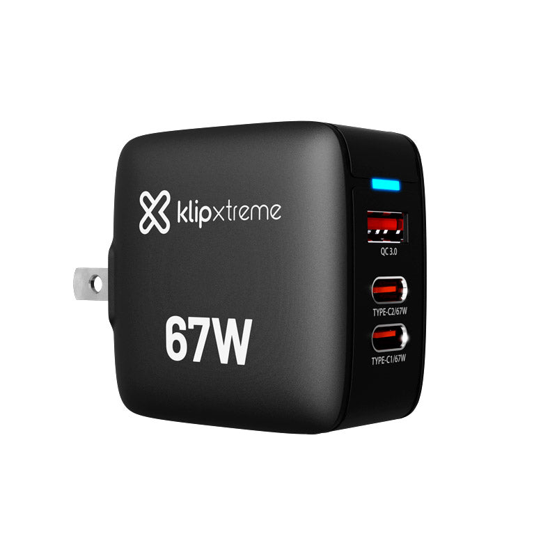Klipxtreme - Wall Charger 3 Port 67W PowerWall 67 2x USB-C PD 3.0 1x USB-A QC 3.0 - Black