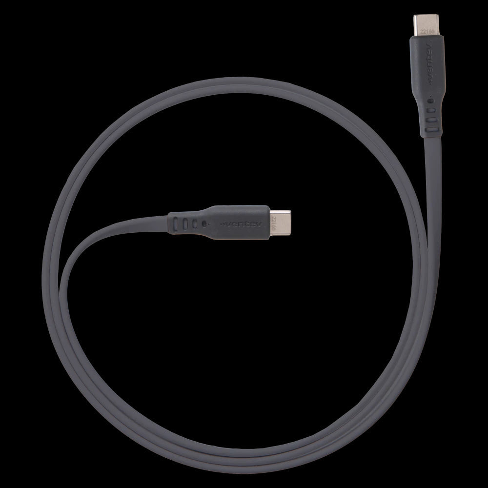 Ventev - Câble de charge et de synchronisation USB-C vers USB-C plat de 1,8 m, haute vitesse, connecteur renforcé en cuivre 2X - Boîte - Gris
