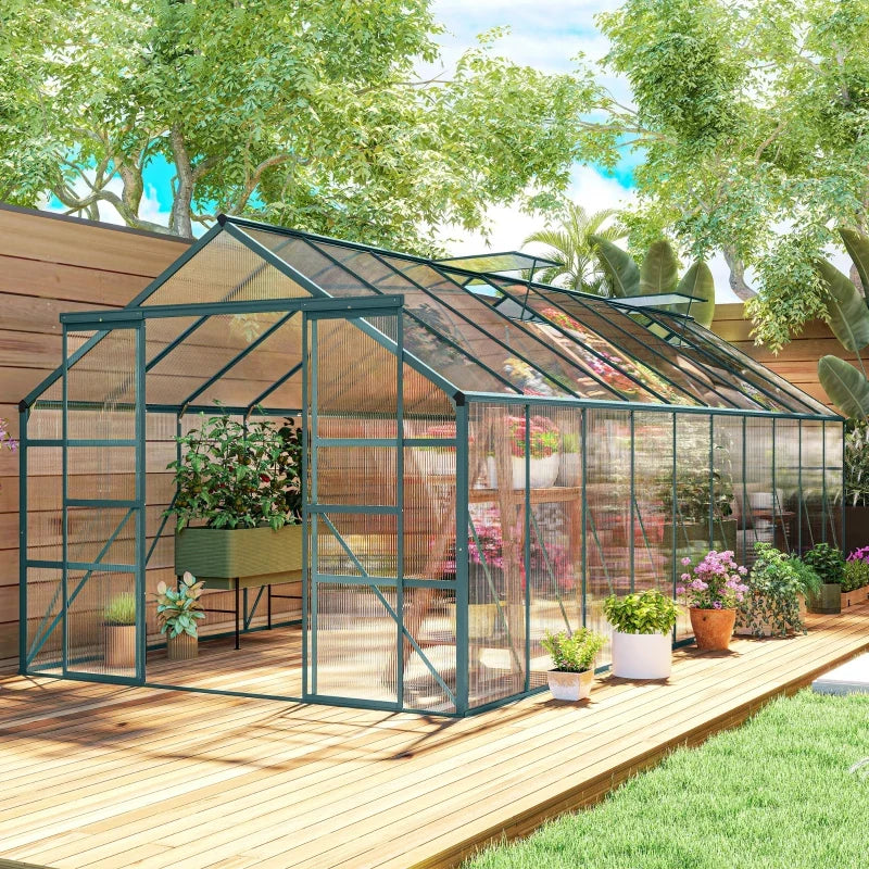 Aluminum Greenhouse Polycarbonate Walk-in Garden Greenhouse with Sliding Door, 20' x 8', Green