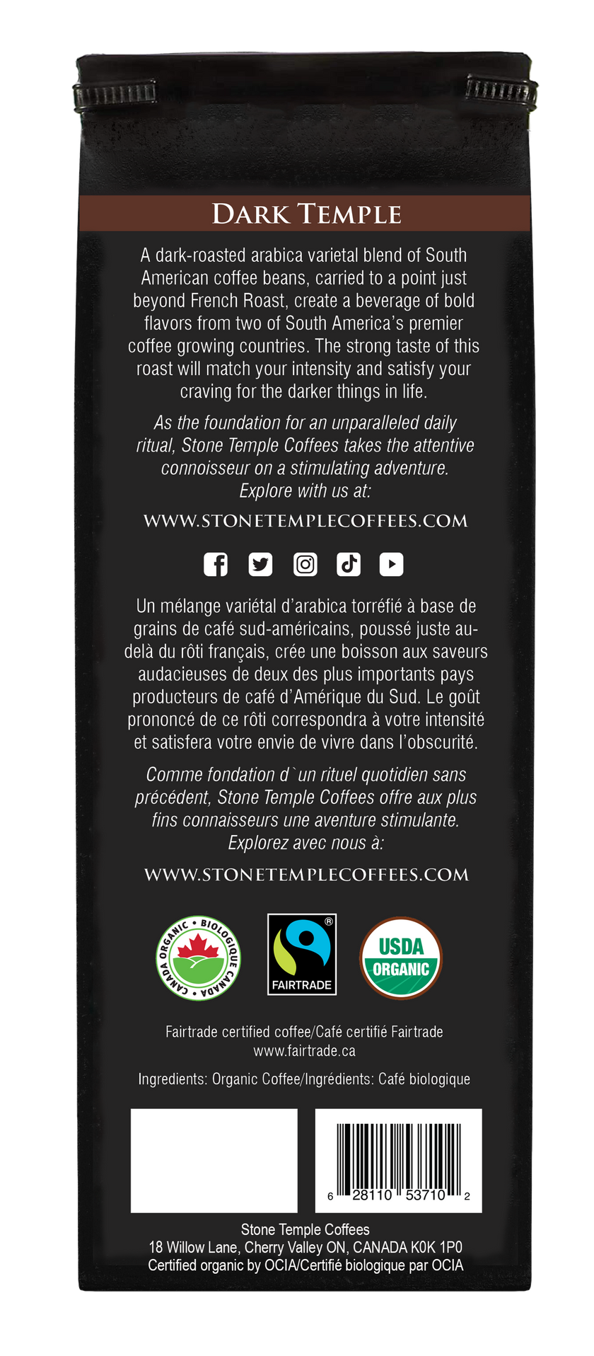 Dark Temple - Ground, Dark French Roast, Certified Organic OCIA/ Fairtrade Coffee 1lb/ 454g